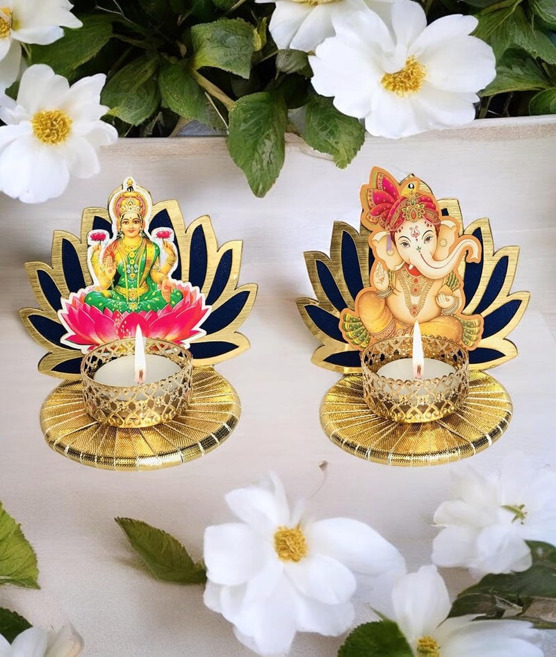AROOMAN Arooman Handmade Lotus Laxmi and Ganesh Tealight Candle Holder for Diwali Decoration Festive Tabletop Dcor and Home Decoration Color Blue Pack02  - Image 1