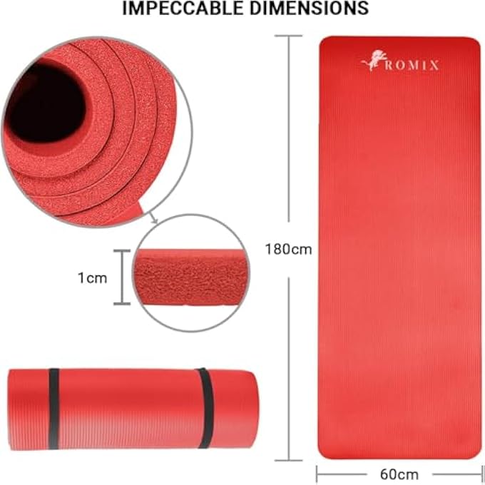 ROMIX Yoga Mat 10Mm Extra Thick Non-Slip Unisex Exercise Mat 180X60Cm, Multi-Purpose Nbr Foam Fitness Mat With Carry Bag & Strap For Yoga, Pilates, Stretching, Gymnastics, Meditation & Home Workout (Red) - Image 2