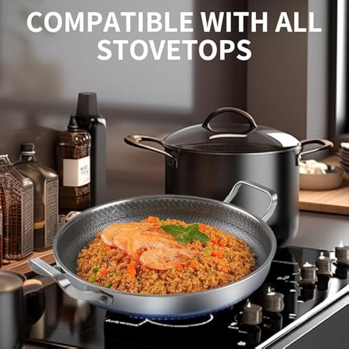 Spnor مقلاة باييلا من الفولاذ المقاوم للصدأ مقاس 34 سم، مقلاة باييلا مع غطاء، مقلاة كبيرة غير لاصقة ثلاثية الطبقات على شكل خلية نحل، أواني طهي من الفولاذ المقاوم للصدأ، مقلاة حثية، مقالي لحفلات التخييم في الهواء الطلق، وعاء طهي - Image 5