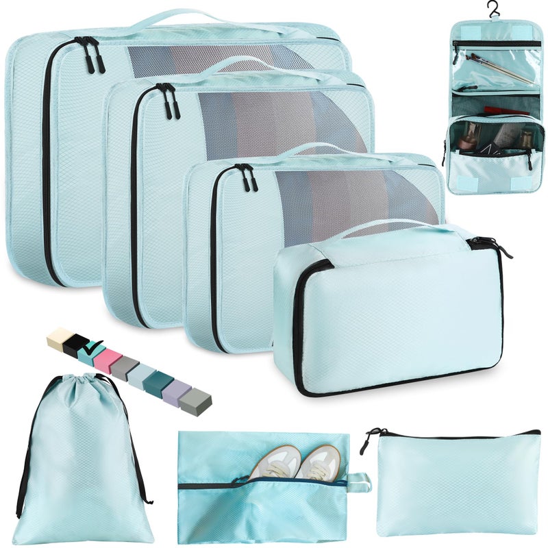 Toncoke 8-Piece Packing Cubes for Travel, 2026 Upgraded Durable Zippers & Reinforced Mesh, Complete Luggage Organizer Set with Shoe/Toiletry/Laundry Bags, 4 Sizes for Suitcase, Men Women, Lake Blue - Image 1