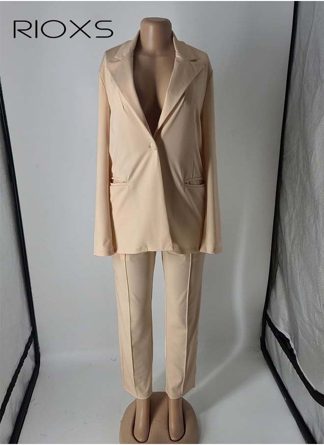 RIOXS Women 2-Piece Formal Outfit, Soild Blazer And Work Pants, Ladies Casual Fit Blazer With One Button And Pockets, Business Suit Set With Elegant Chic Style, Women 2 Pieces Suits, Casual Street Style, Business Attire, Office Workwear  - Image 4