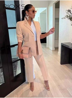 ريوكس زي رسمي نسائي مكون من قطعتين مع سترة وزوج من البناطيل الخماسية، سترة نسائية ضيقة ذات أزرار واحدة، طقم بدلة عمل سادة بنمط أنيق أنيق، مناسب لجميع المناسبات  - Image 1