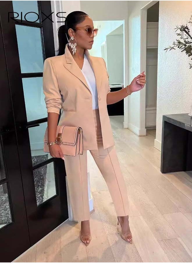 RIOXS Women 2-Piece Formal Outfit, Soild Blazer And Work Pants, Ladies Casual Fit Blazer With One Button And Pockets, Business Suit Set With Elegant Chic Style, Women 2 Pieces Suits, Casual Street Style, Business Attire, Office Workwear  - Image 1