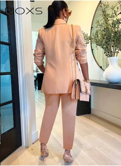 ريوكس زي رسمي نسائي مكون من قطعتين مع سترة وزوج من البناطيل الخماسية، سترة نسائية ضيقة ذات أزرار واحدة، طقم بدلة عمل سادة بنمط أنيق أنيق، مناسب لجميع المناسبات  - Image 2