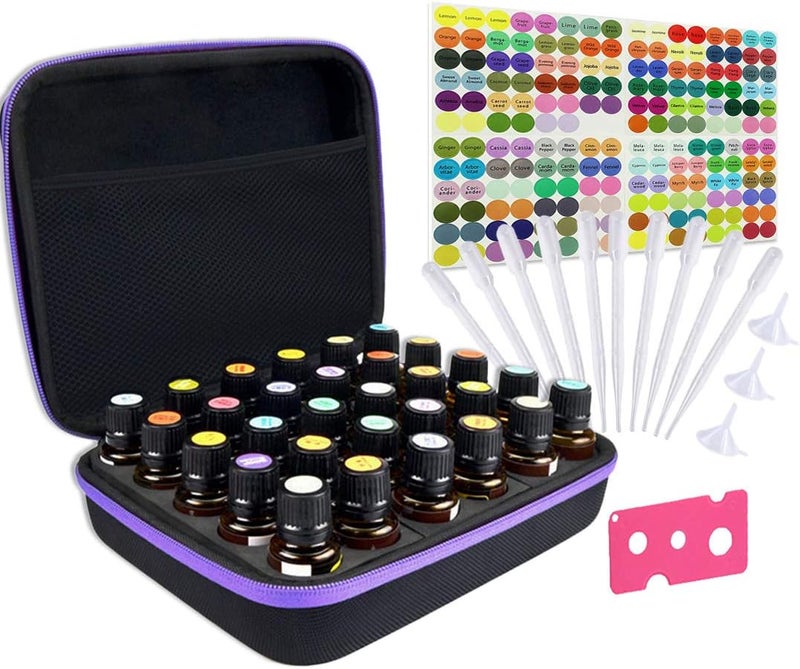 TUZAZO TUZAZO Essential Oils Storage, Essential Oils Carrying case for 30 Bottles 5ml 10ml 15ml, Hard Shell Shockproof, Come with Bottle Opener, Bottle Cap Labels (Black&Purple) 