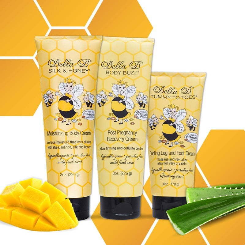 Bella B Bundle Silk  Honey Body Cream 8oz and Body Buzz Post Pregnancy Recovery Cream 8oz and Tummy to Toes Leg  Foot Cream 6oz