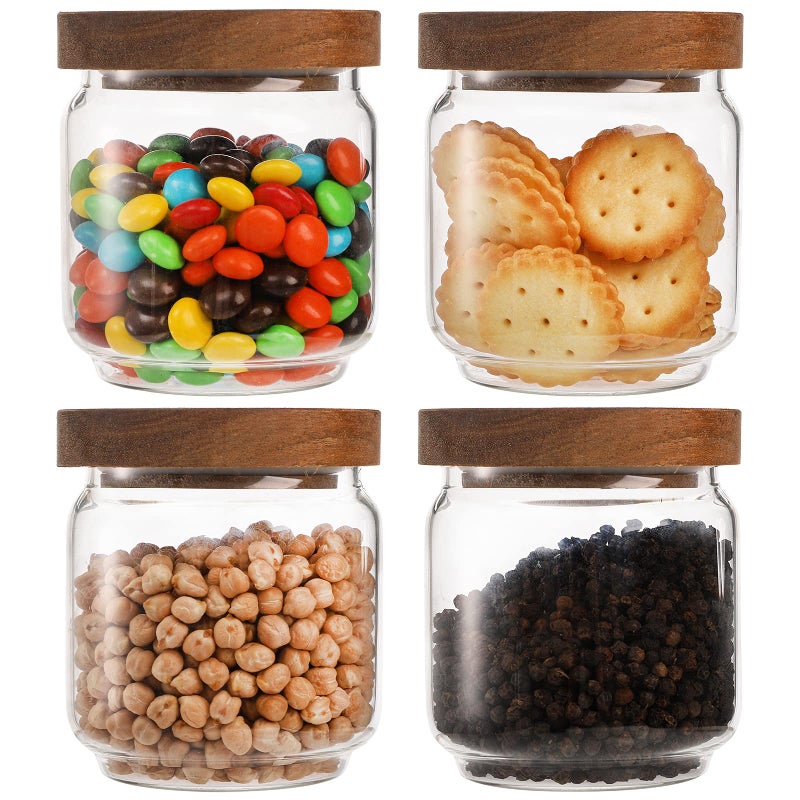 Bekith 4 Pack 15 FL OZ 450ml Glass Food Storage Jar with Acacia Lids Airtight Sealed Clear Glass Canisters Kitchen Food Storage Container for Serving Tea Coffee Beans Nuts Spice Sugar