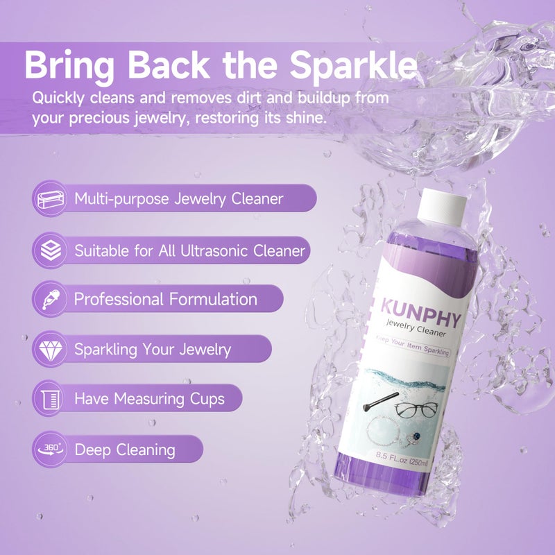 kunphy Upgraded Jewelry Cleaner, New Plant Formula for All Ultrasonic Cleaners, Enhanced Cleaning Effect, Multi-Purpose Glasses cleaner for Silver, Gold, Rings, Diamond and Eyeglass(8.5 oz, 250 ml) - Image 2
