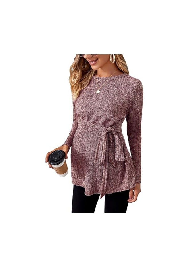 Women's Maternity Shirts Casual Long Sleeve Tie Front Ribbed Knit Pregnancy Tee Top  - Image 1