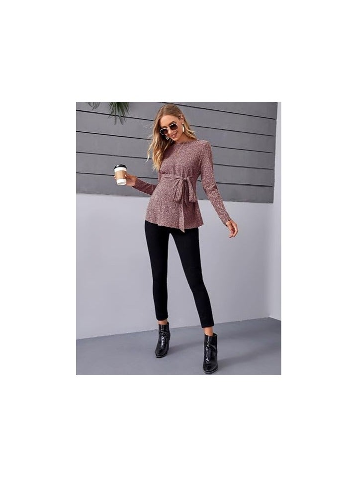 Women's Maternity Shirts Casual Long Sleeve Tie Front Ribbed Knit Pregnancy Tee Top  - Image 3