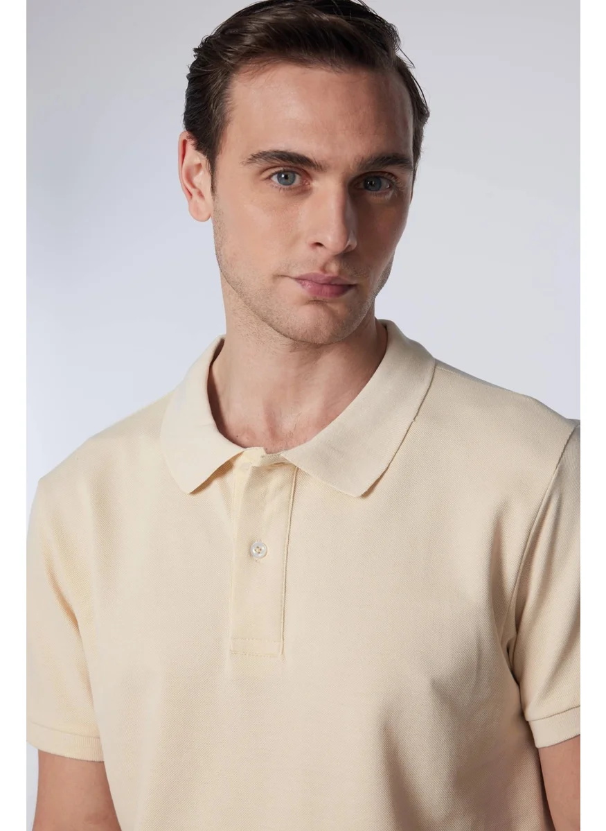 تودورس Men's Slim Fit Narrow Cut Cotton Plain Pique Ecru Polo Collar T-Shirt