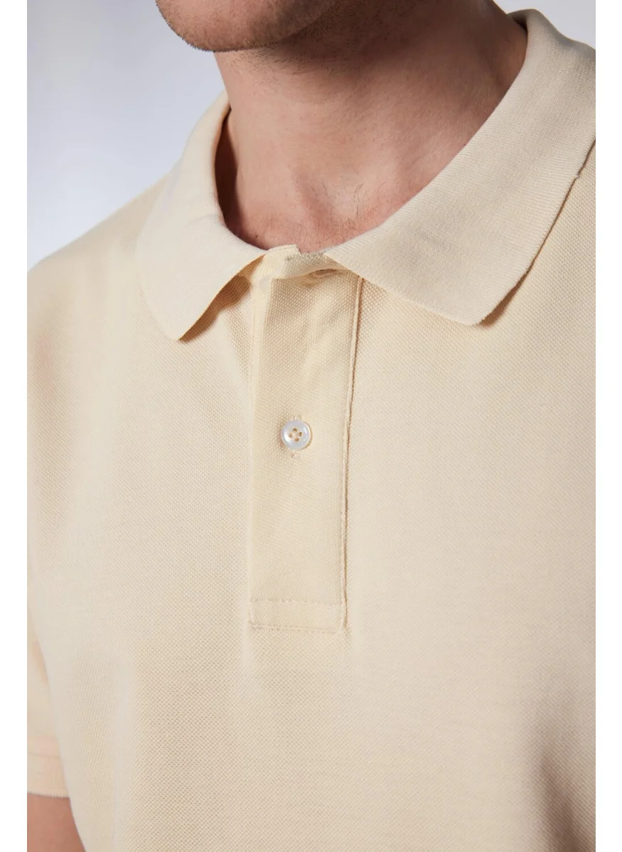 تودورس Men's Slim Fit Narrow Cut Cotton Plain Pique Ecru Polo Collar T-Shirt