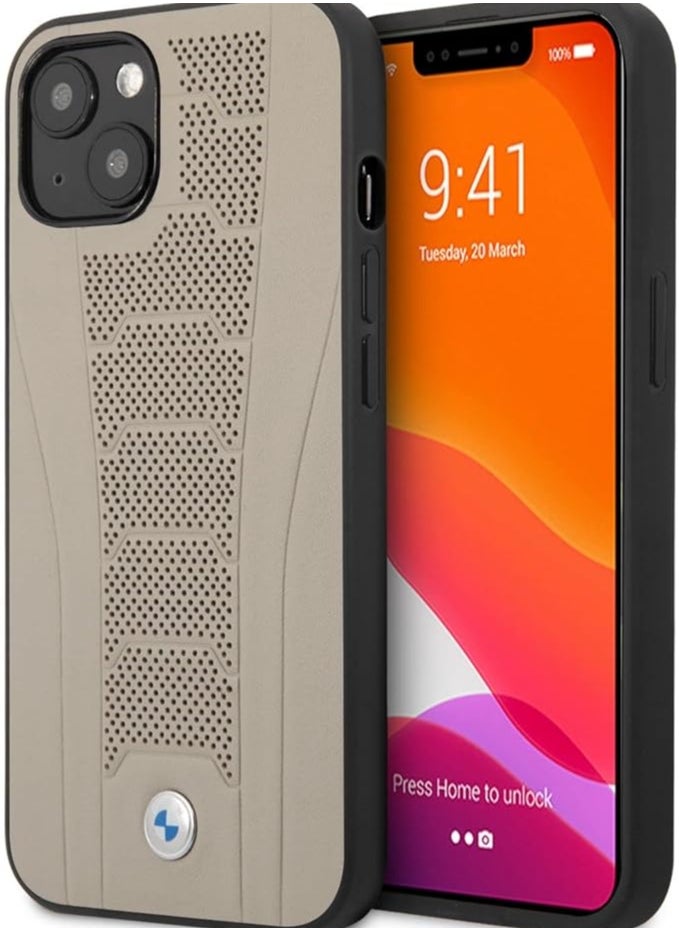 BMW - BMW Real Leather Hard Case Seat Pattern Tone On Tone Perforations Debossed Lines For iPhone 13 (6.1") - Beige - Image 1