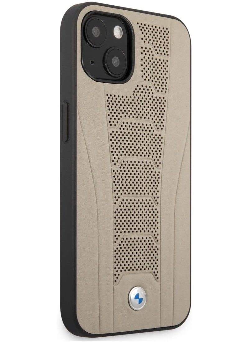 BMW - BMW Real Leather Hard Case Seat Pattern Tone On Tone Perforations Debossed Lines For iPhone 13 (6.1") - Beige - Image 1