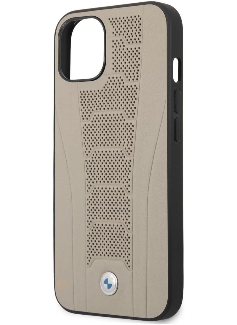 BMW - BMW Real Leather Hard Case Seat Pattern Tone On Tone Perforations Debossed Lines For iPhone 13 (6.1") - Beige - Image 1