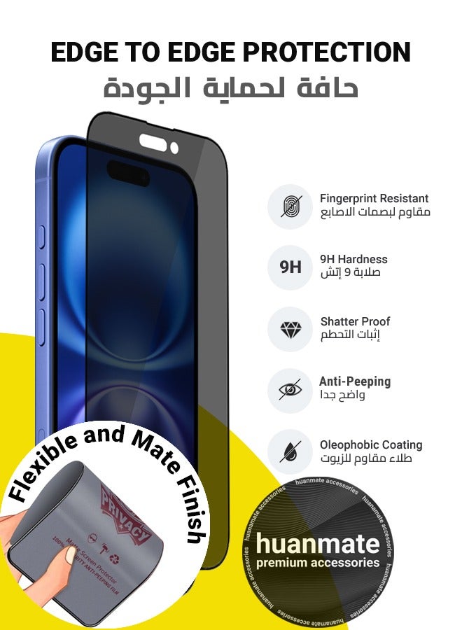 هووانميت واقي شاشة الخصوصية لهاتف أبل آيفون 16 - مصنوع من السيراميك النانوي المرن، مضاد للتلصص، تغطية من الحافة إلى الحافة، شفافية عالية، لمسة حساسة وسهل التركيب - Image 2