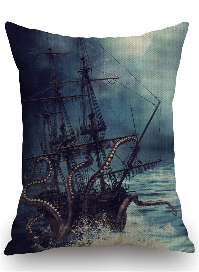 Swono Pirate Ship Octopus Throw Pillow Cover Cushion Case for Home Decor Sofa Couch 18" x 18" Inch Cotton Linen Farmhouse Decorations - Image 1
