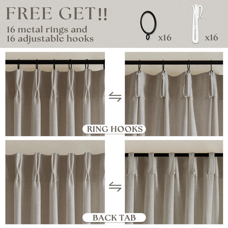 TWODRAPES Flax Linen Curtains Pinch Pleated 84 Inch Length 2 Panels for Living Room Bedroom Burlywood Birch Semi Sheer Rustic Farmhouse Back Tab Pinch Pleat Hooks Rings Window Curtain 84 Inches Long Taupe - Image 5