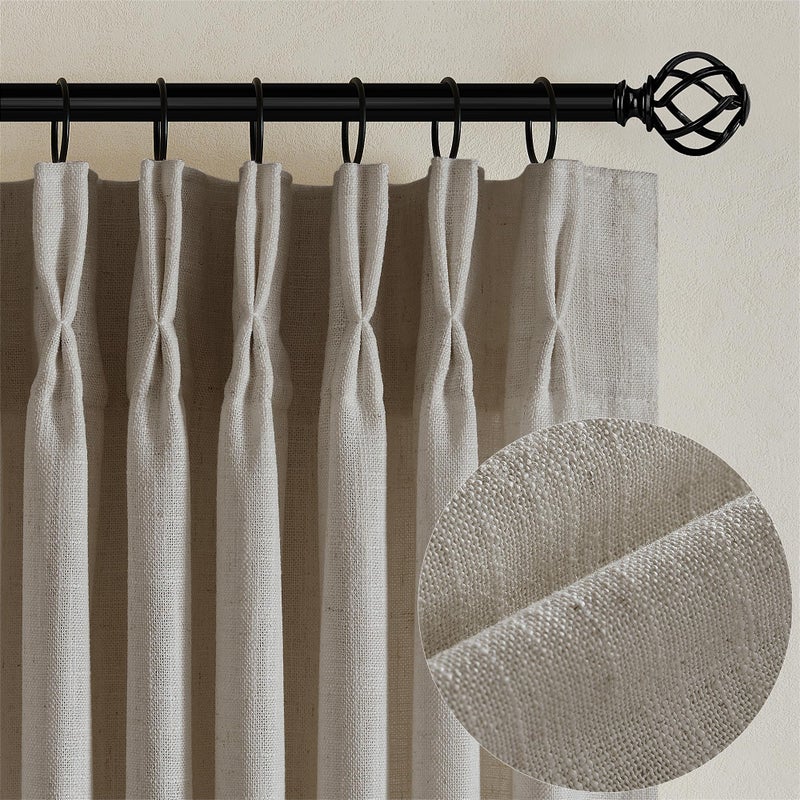 TWODRAPES Flax Linen Curtains Pinch Pleated 84 Inch Length 2 Panels for Living Room Bedroom Burlywood Birch Semi Sheer Rustic Farmhouse Back Tab Pinch Pleat Hooks Rings Window Curtain 84 Inches Long Taupe - Image 1