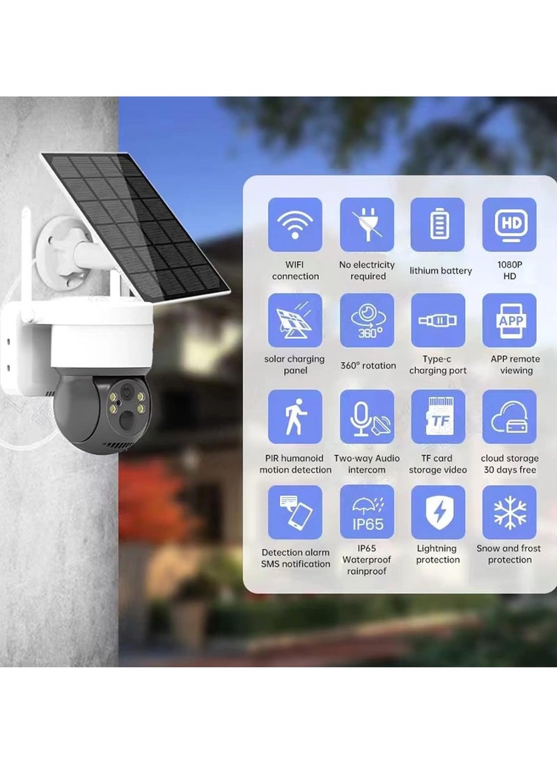 Outdoor Solar Wireless Security Camera, Weatherproof HD WiFi Security Camera APP Remote View Panoramic View for Outdoor