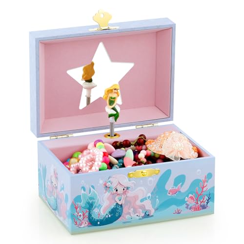 RR ROUND RICH DESIGN Kids Musical Jewelry Box for Girls Include Pretty Jewelry Set with Cute Mermaid Theme - Beautiful Dream Tune Blue - Image 3