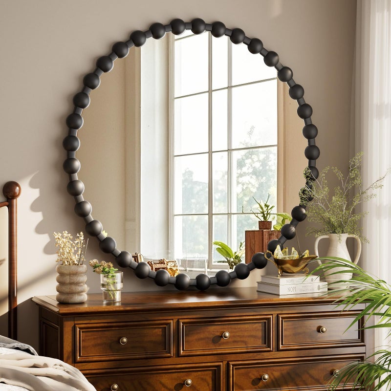 Easly Round Mirror for Wall, 32 Inch Black Beaded Frame Decorative Vanity Mirror, Circle Bathroom Mirror with High-Definition Lense, Modern Wall Decor for Bathroom, Living Room, Bedroom, Entryway - Image 1
