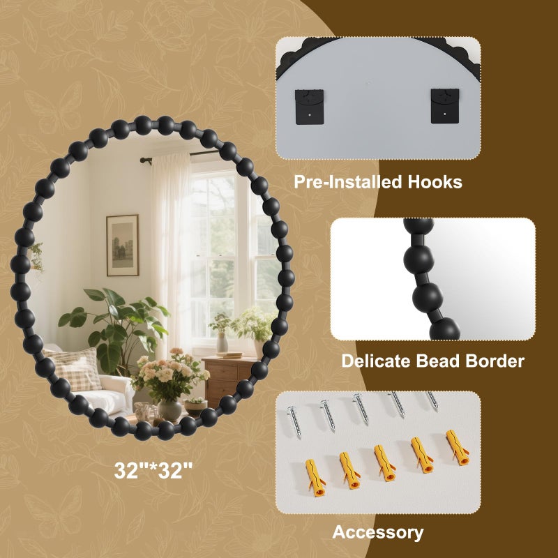 Easly Round Mirror for Wall, 32 Inch Black Beaded Frame Decorative Vanity Mirror, Circle Bathroom Mirror with High-Definition Lense, Modern Wall Decor for Bathroom, Living Room, Bedroom, Entryway - Image 4