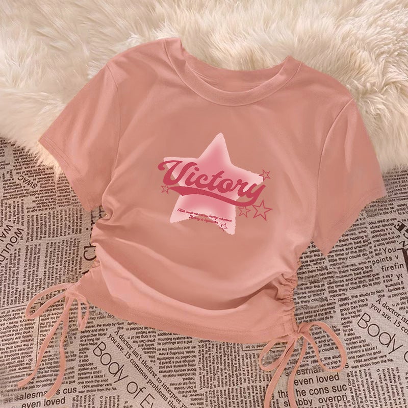 American-Style Cotton T-Shirt Women'S Slim-Fit Short Sweet And Spicy Summer Drawstring Short Sleeve Waist Tight T-Shirt Top Fashion - Image 1
