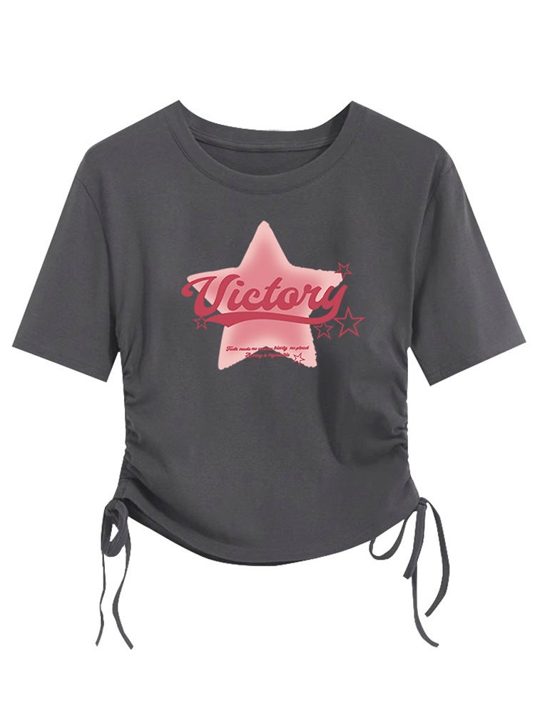 American-Style Cotton T-Shirt Women'S Slim-Fit Short Sweet And Spicy Summer Drawstring Short Sleeve Waist Tight T-Shirt Top Fashion - Image 4