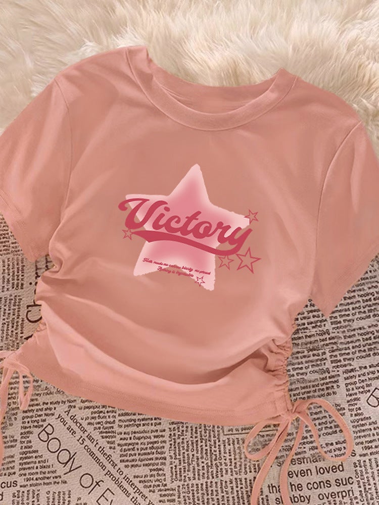 American-Style Cotton T-Shirt Women'S Slim-Fit Short Sweet And Spicy Summer Drawstring Short Sleeve Waist Tight T-Shirt Top Fashion - Image 3