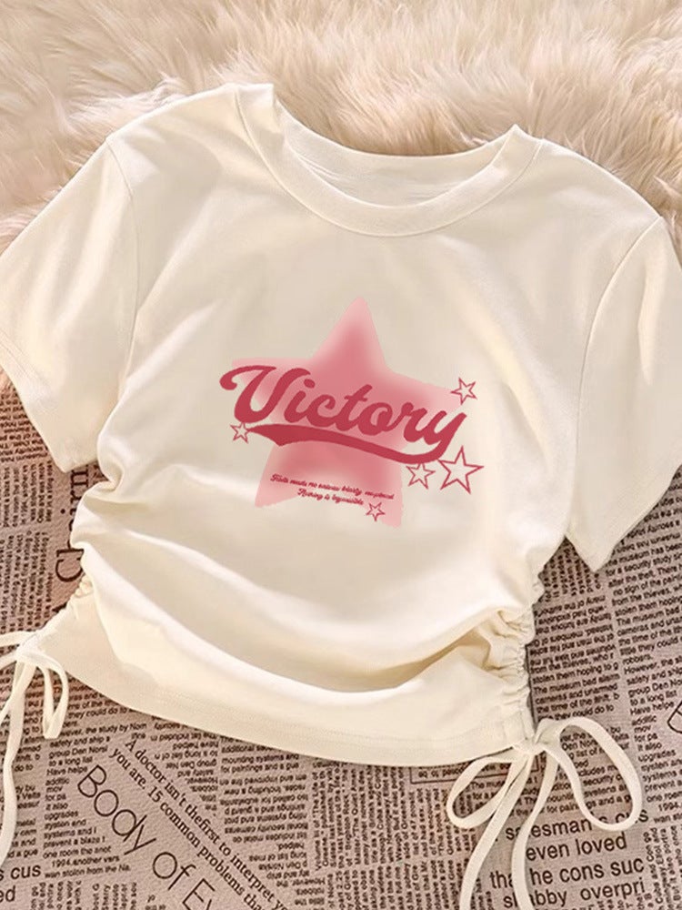 American-Style Cotton T-Shirt Women'S Slim-Fit Short Sweet And Spicy Summer Drawstring Short Sleeve Waist Tight T-Shirt Top Fashion - Image 2