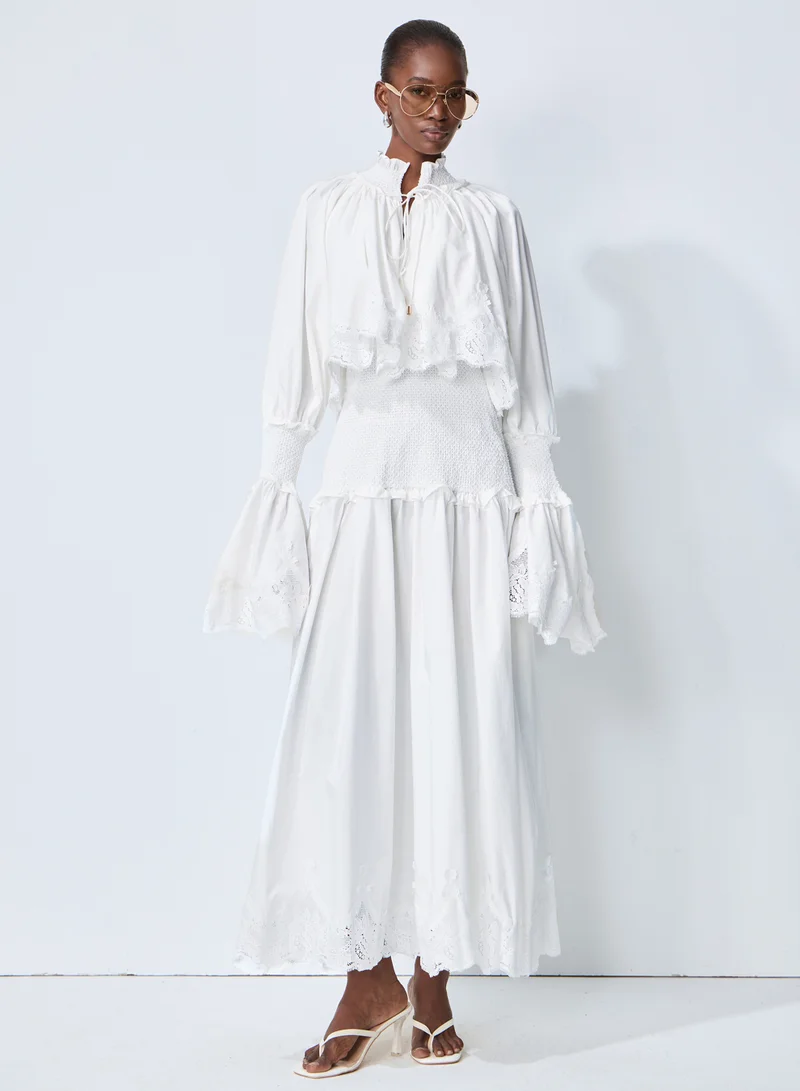 Sunfere Chasing Sunlight White Lace Trim Flared Sleeve Maxi Dress