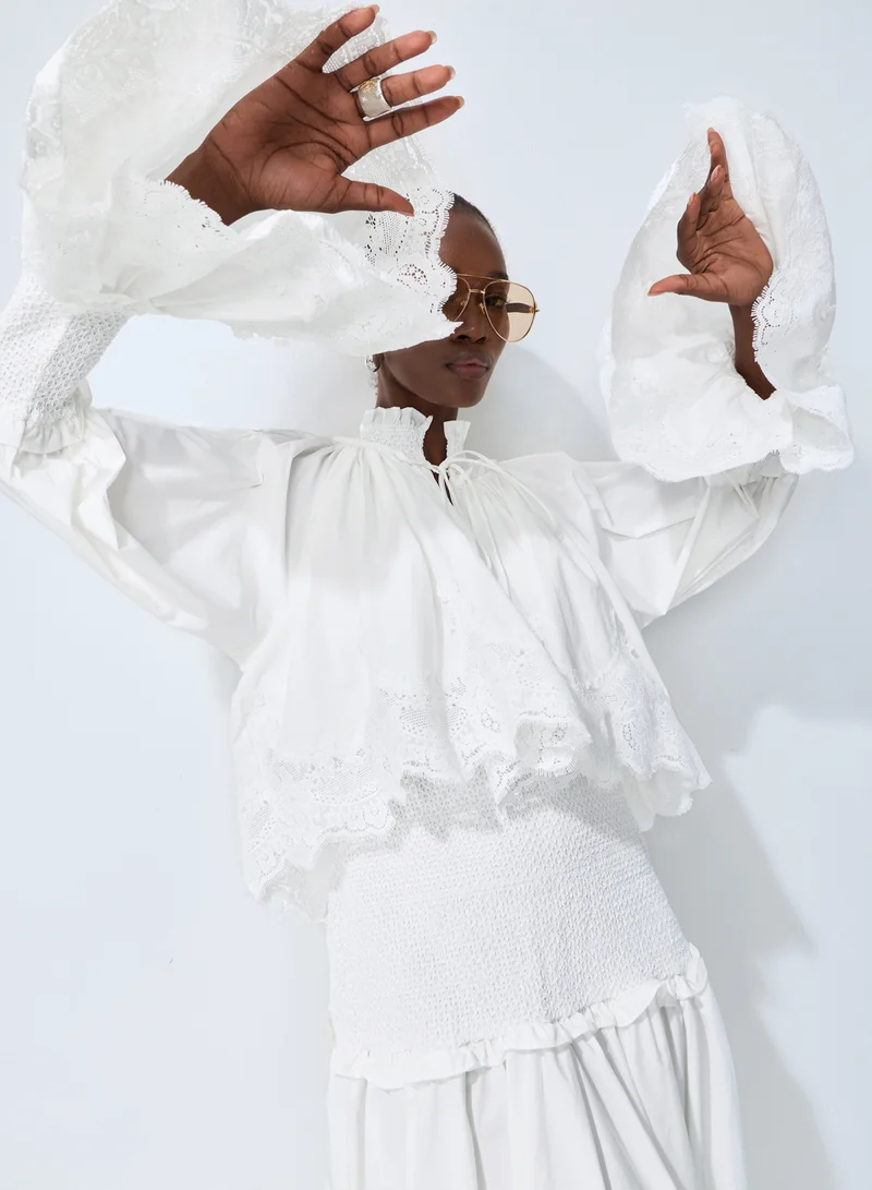 Sunfere  Chasing Sunlight White Lace Trim Flared Sleeve Maxi Dress for Women | Best Price UAE