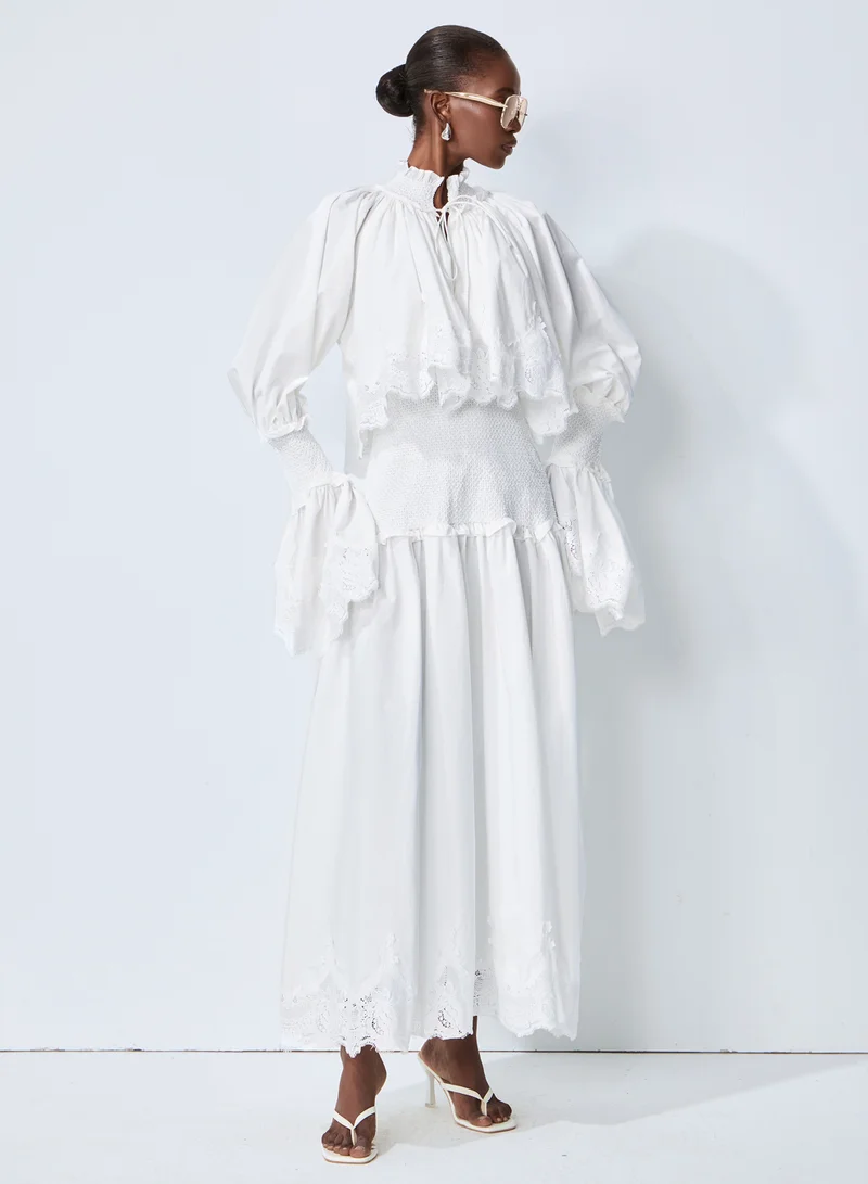 Sunfere Chasing Sunlight White Lace Trim Flared Sleeve Maxi Dress