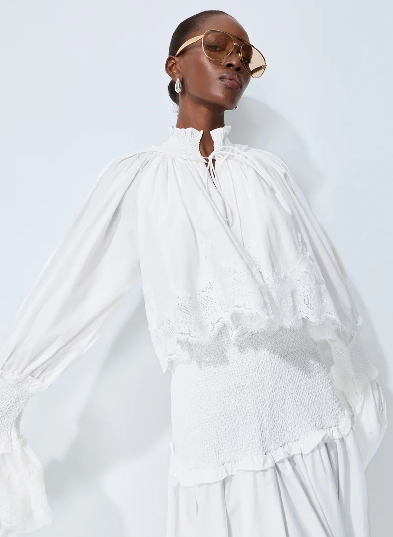 Sunfere  Chasing Sunlight White Lace Trim Flared Sleeve Maxi Dress for Women | Best Price UAE