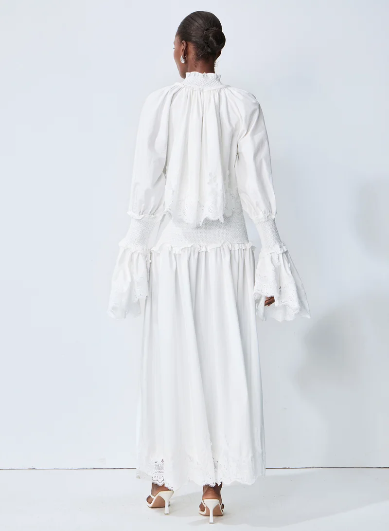 Sunfere  Chasing Sunlight White Lace Trim Flared Sleeve Maxi Dress for Women | Best Price UAE