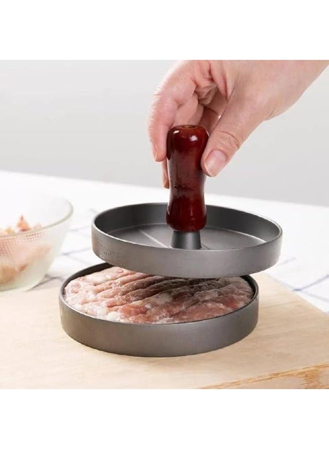 All-metal manual burger press with a wooden handle, a professional tool for making firm and uniquely shaped burger patties. 2 pieces. - Image 1