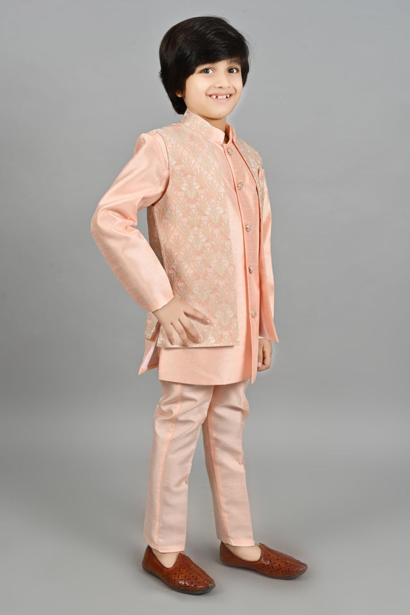 AHHAAAA Kids Ethnic Silk Blend Waistcoat Kurta Casual Style Pyjama Sherwani Set For Boys, Pink, 9-10 Years - Image 5