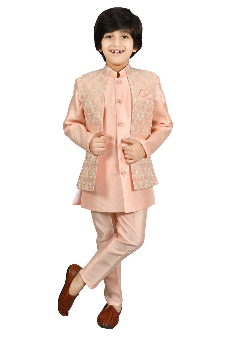 AHHAAAA Kids Ethnic Silk Blend Waistcoat Kurta Casual Style Pyjama Sherwani Set For Boys, Pink, 9-10 Years - Image 1