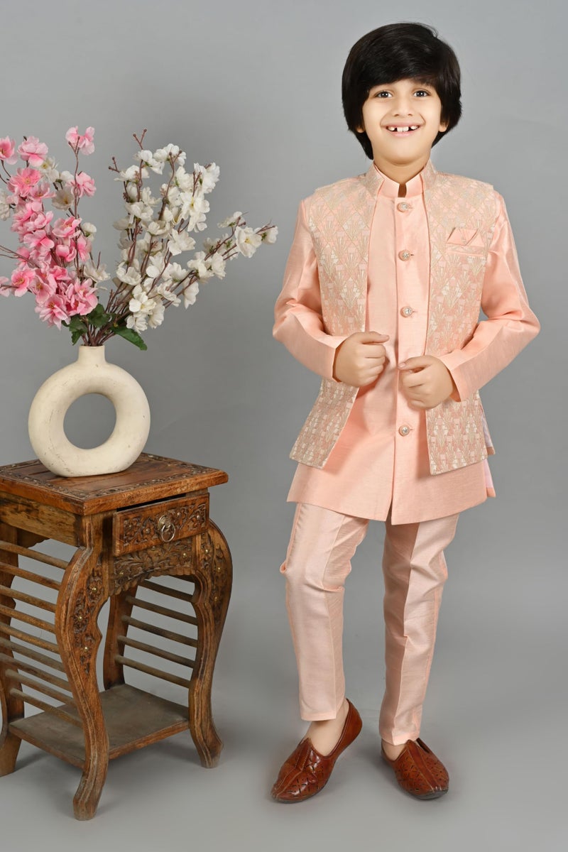 AHHAAAA Kids Ethnic Silk Blend Waistcoat Kurta Casual Style Pyjama Sherwani Set For Boys, Pink, 9-10 Years - Image 2