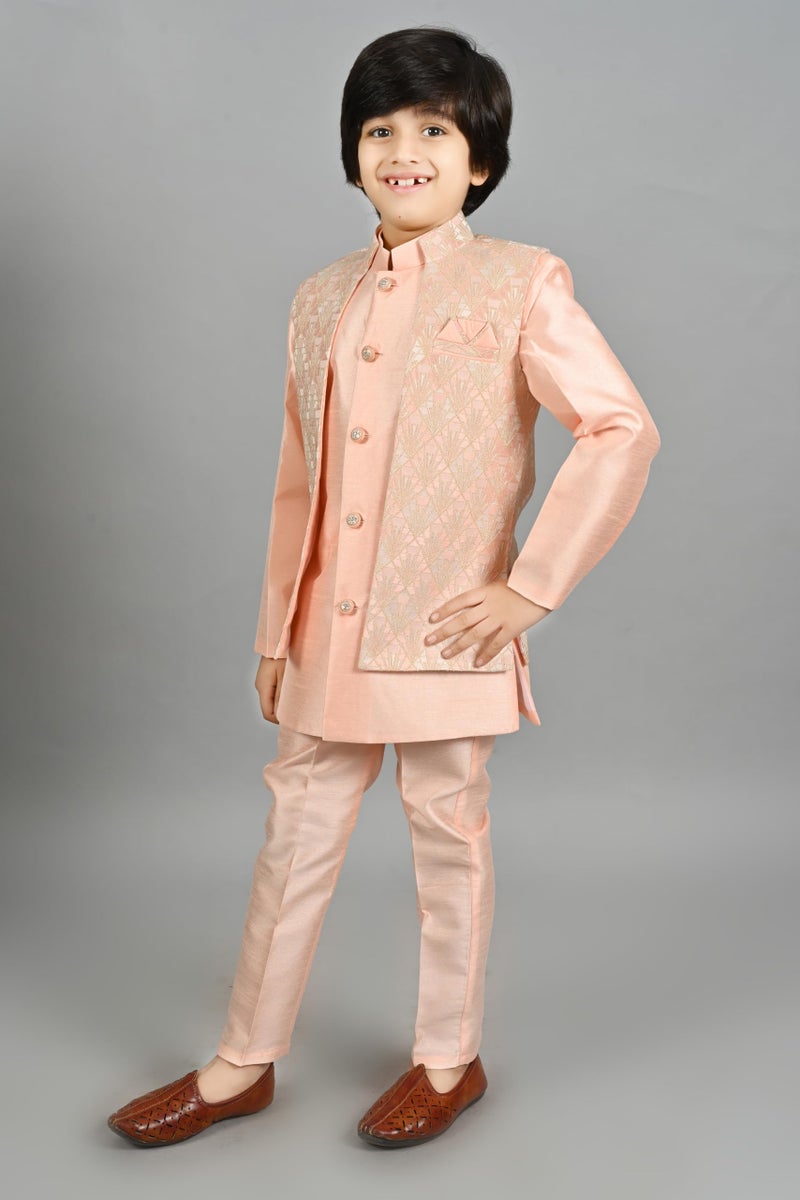 AHHAAAA Kids Ethnic Silk Blend Waistcoat Kurta Casual Style Pyjama Sherwani Set For Boys, Pink, 9-10 Years - Image 4