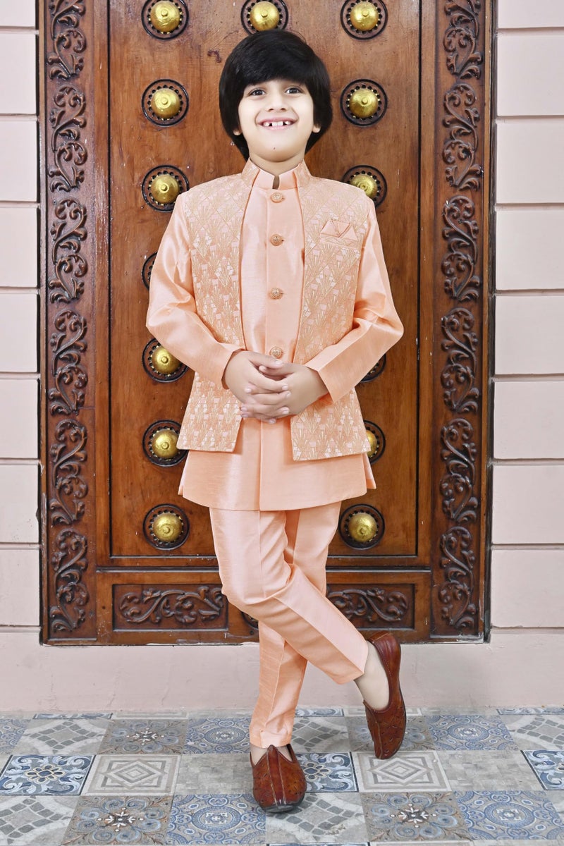 AHHAAAA Kids Ethnic Silk Blend Waistcoat Kurta Casual Style Pyjama Sherwani Set For Boys, Pink, 9-10 Years - Image 3