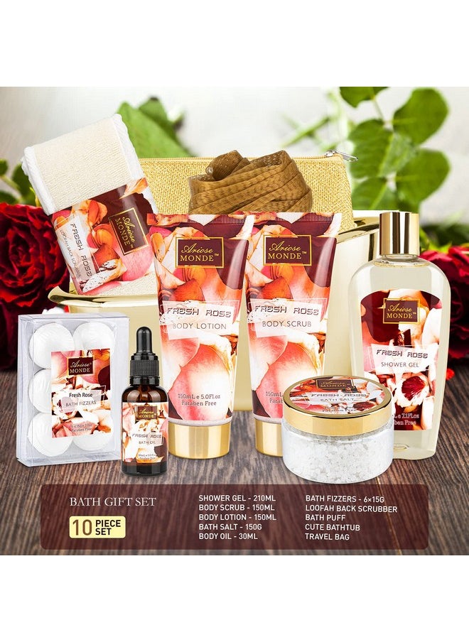 ArioseMonde Bath And Body Gift Set For Women & Men 10 Pcs Spa Gift Basket With Fresh Rose Scent Includes Shower Gel Bubble Bath Body Lotion And Scrub Bath Salt Bath Bombs Bath Puff Bath Oil  - Image 3