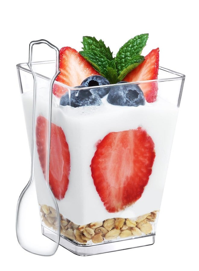 SHOPDAY 5 Oz-Plastic-Dessert-Cups: 30 Pack Square-Clear-Cup-with-Spoons, Small Parfait-Cup Mini Plastic Appetizer Shooter Cups for Party Yogurt Mousse - Image 1