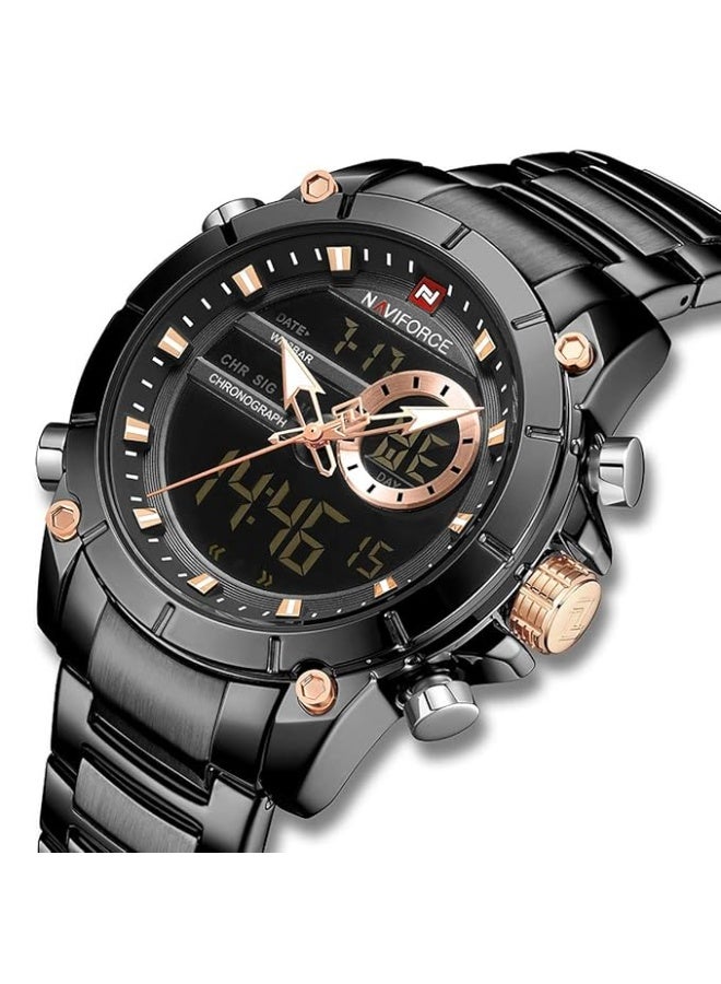 نافيفورس ساعة نافيفورس NF-9163 للرجال بعرض تناظري ورقمي – قرص أسود بسوار ستانلس ستيل أسود - Image 1