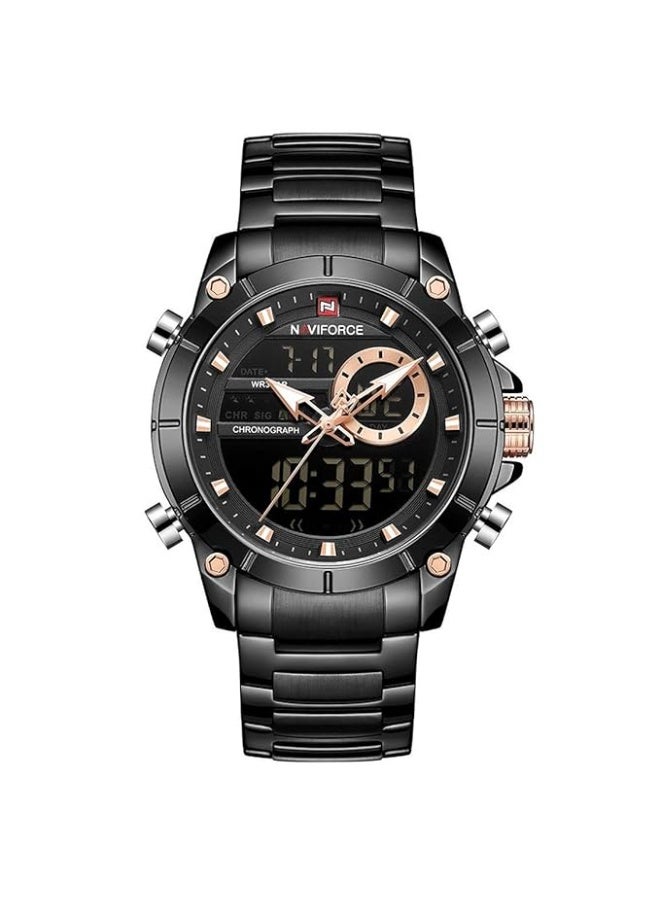 نافيفورس ساعة نافيفورس NF-9163 للرجال بعرض تناظري ورقمي – قرص أسود بسوار ستانلس ستيل أسود - Image 2