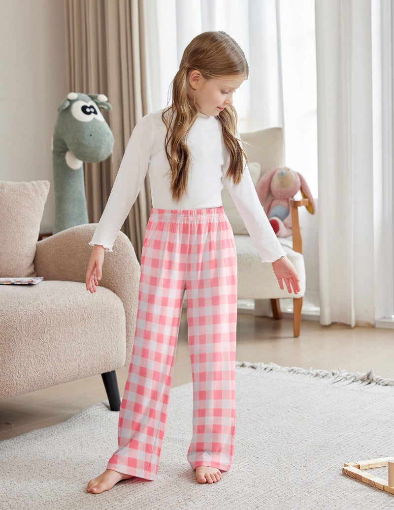 Arshiner Pajama Pants for Girls Long Sleep Plaid Pants Soft Lounge Pj Bottoms with Pockets Plaid-Pink White 10-11 Years - Image 2