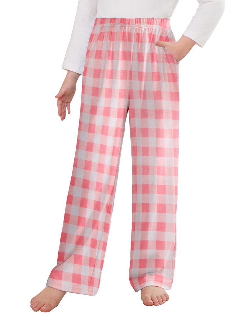 Arshiner Pajama Pants for Girls Long Sleep Plaid Pants Soft Lounge Pj Bottoms with Pockets Plaid-Pink White 10-11 Years - Image 1