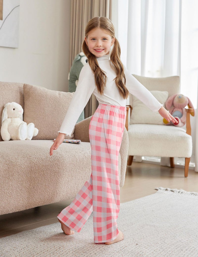 Arshiner Pajama Pants for Girls Long Sleep Plaid Pants Soft Lounge Pj Bottoms with Pockets Plaid-Pink White 10-11 Years - Image 4