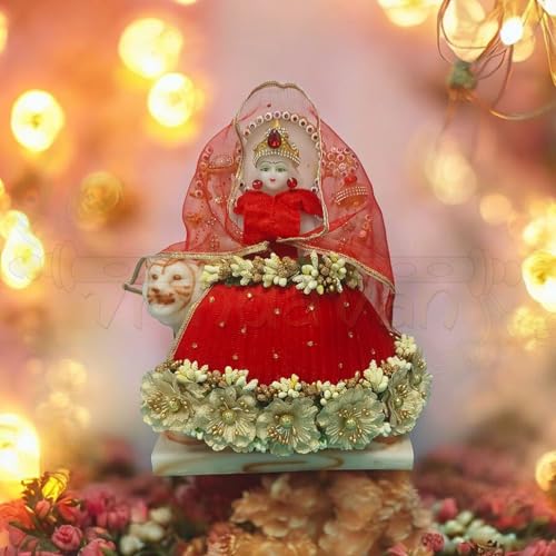 Vrindavanstore.in Navratri Special Red Poshak/Dress for Durga Maa/Mata Rani/Devi Maa Complete Set with Golden Flower Design| Size-06 inch idol(3 inch lehnga 2 inch choli) - Image 2